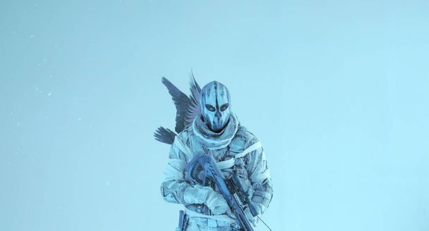warrior man in camouflage with crossbow and raven posing against cold blue background - Valokuva, kuva