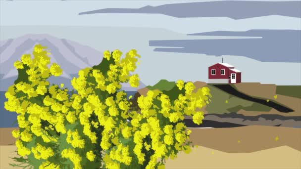 満開のミモザの枝、赤い家と抽象芸術概念の背景に雲の高山のシルエットのアニメーションを漫画します。風に揺れるミモザ ブッシュ. - 映像、動画