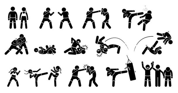 MMA gemengde vechtsporten acties. Pictogram toont Mma vechters met vechten en technieken te bestrijden. Deze Mma mannelijke en vrouwelijke houdingen zijn punch, kick, blok vastgrijpen, bijvoorbeeld, gooien en opleiding. - Vector, afbeelding