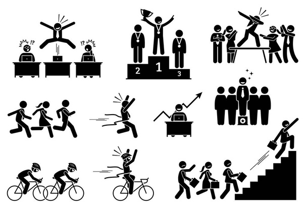 Successful businessman outdoing his colleagues. Pictogram depicts a person surpass, being better, and outperform others. He celebrates his success and achievement for the extraordinary performances. - Vector, Image