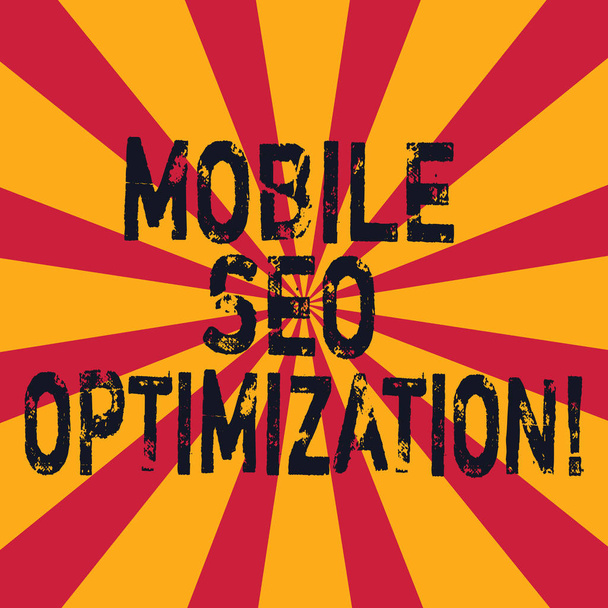 Word Mobile Seo optimalizálás szöveg írása. Üzleti koncepció lehetővé teszi, hogy egy weboldal a rangsorban a mobil keresés Sunburst fénykép két hang robbanás Effect bejelentés poszter hirdetéseket. - Fotó, kép