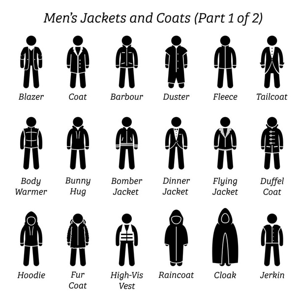 メンズ ジャケットとコート。棒の数字には、ジャケットやコートの服のさまざまな種類のセットが描かれています。このファッション衣類のデザインは、男性または男性による摩耗です。2 のパート 1. - ベクター画像