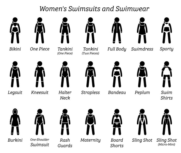水着と水着の女性。スティック図は、女性、女性、女の子、または女性による水着ファッションのさまざまなタイプを示しています. - ベクター画像