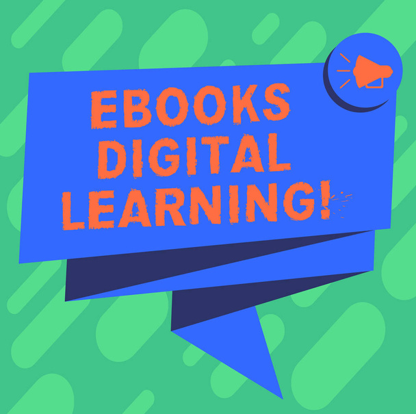 Käsitteellinen käsin kirjoittaminen osoittaa Ebooks Digital Learning. Business valokuva esittelee kirjan julkaisu saatavilla digitaalisessa muodossa Taitettu 3D nauha Sash Puhe Bubble kuva Celebration
. - Valokuva, kuva