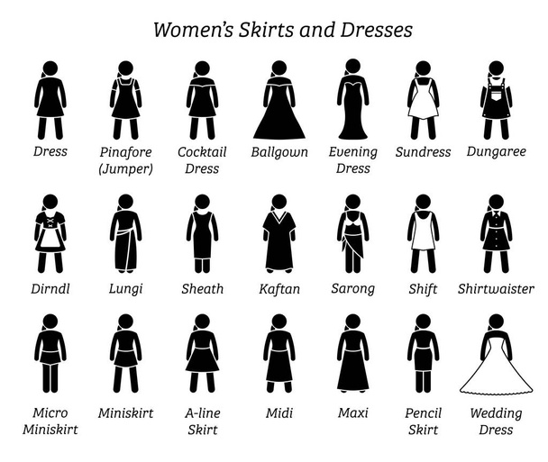 Women skirts and dresses. Stick figures depict a set of different types of skirt and dress. This fashion clothings design are wear by woman, female, lady, or girls. - Vector, Image
