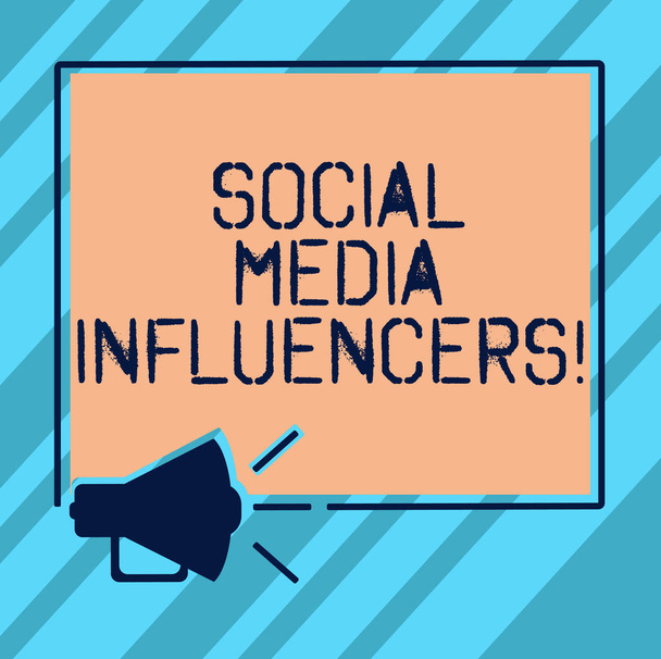 Text sign showing Social Media Influencers. Conceptual photo showing who have a reputation for their knowledge Megaphone Sound icon Outlines Blank Square Loudspeaker Text Space photo. - Photo, Image