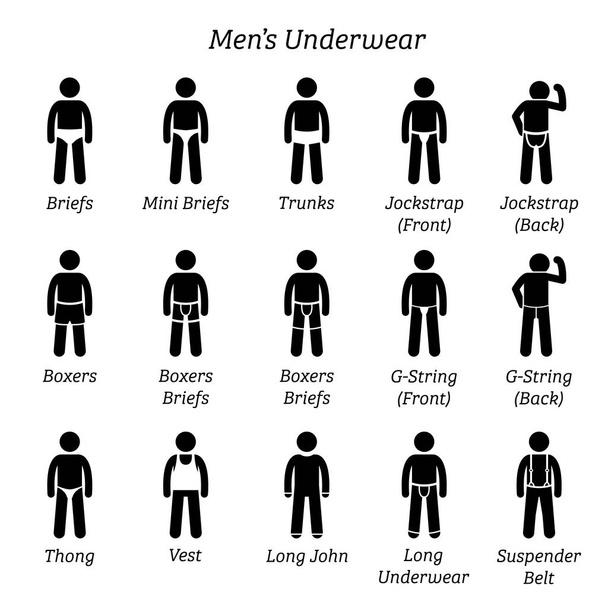 Pánské spodní prádlo a spodní prádlo. Stick figurky zobrazují sadu různých typů spodního prádla, spodního prádla a spodního prádla. Tento módní oděv design jsou nošení muži nebo muži. - Vektor, obrázek