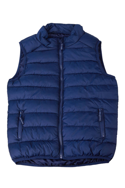 Blue vest isolated on the white background. Padded sleeveless jacket isolated - Photo, Image