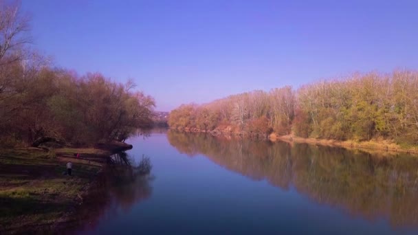 青い川と農地遅い無人飛行。ドニエストル川、モルドバ共和国。4 k 鳥瞰図します。 - 映像、動画