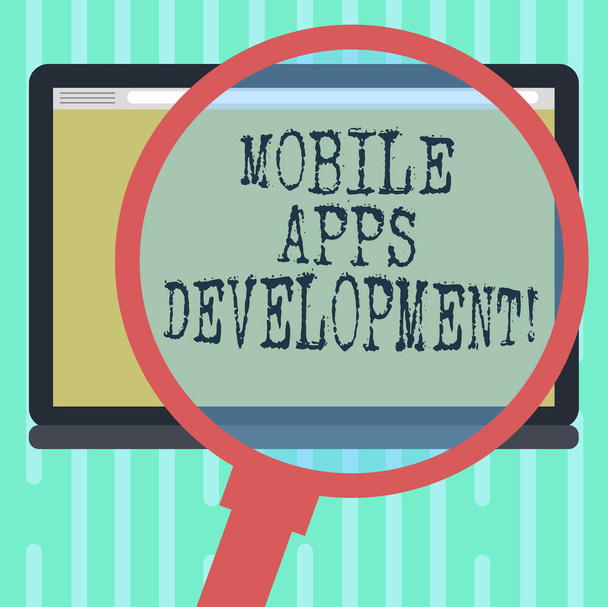 Tekstiä kirjoittava teksti Mobile Apps Development. Liiketoimintakonsepti prosessi kehittää mobiilisovellusta digitaalisille laitteille Suurennuslasi Tabletti Tyhjä Väri Näytön valokuva teksti Space
 - Valokuva, kuva