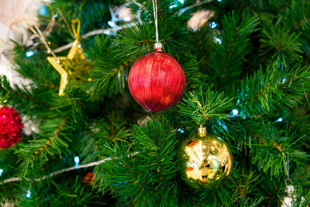 Bolas de Navidad rojas y doradas en las ramas
 - Foto, imagen