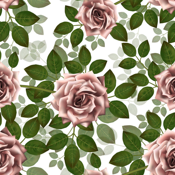 Seamless pattern with pink roses. Beautiful realistic flowers with leaves. Photorealixtic rose bud, clean vector high detailed result. - Vector, Image