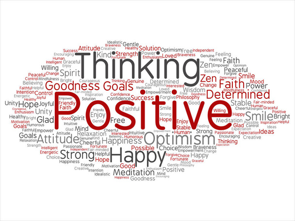 Concept, conceptual positive thinking, happy strong attitude abstract word cloud isolated on background. Collage of optimism smile, faith, courageous goals, goodness, happiness inspiration text - Photo, Image