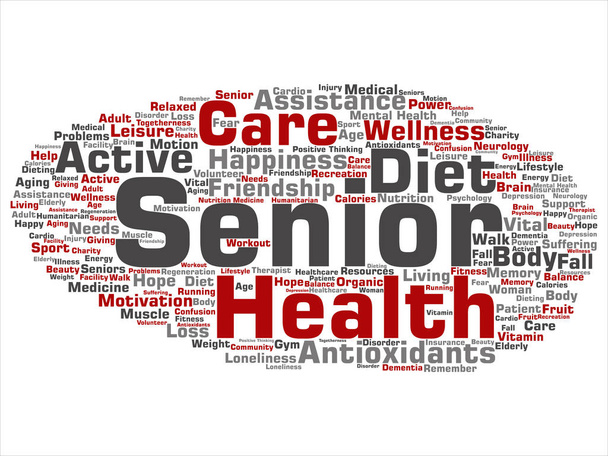 Koncepcja pojęciowy stary starszy zdrowia, opieki lub starszych osób leczenie streszczenie słowo cloud na białym tle. Kolaż z opieki zdrowotnej, choroby, medycyna pomoc, pomoc, aktywne lub szczęśliwy tekst - Zdjęcie, obraz