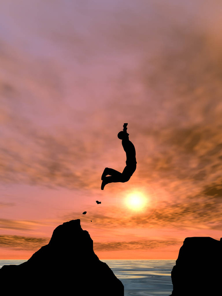 Concepto o ilustración conceptual 3D joven o hombre de negocios silueta salto feliz desde el acantilado sobre la brecha de agua puesta de sol o amanecer cielo fondo
 - Foto, imagen