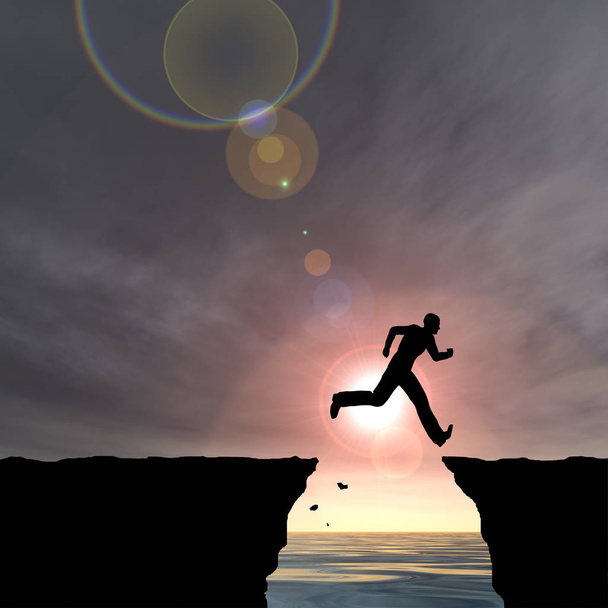 Концепція або концептуальна 3D ілюстрація молодий чоловік або бізнесмен силует стрибають щасливими зі скелі над водою розрив заходу сонця або сходу сонця неба фону
 - Фото, зображення