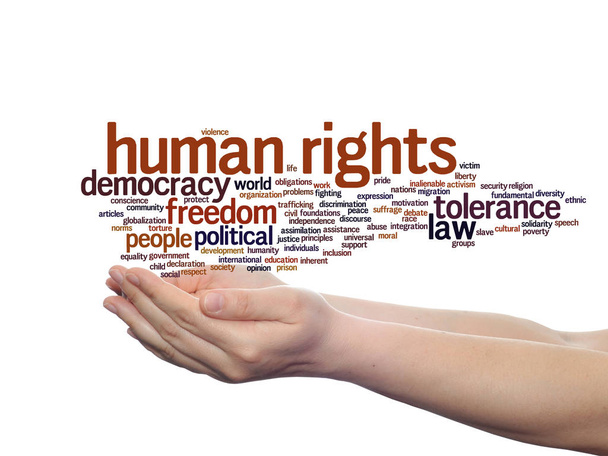 Koncepce nebo konceptuální lidská práva politické svobodě a demokracii abstraktní slovo mrak v ruce izolované na pozadí - Fotografie, Obrázek