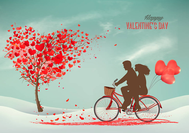 Valentine's Day background with a heart shaped ballons and a bicycle with silhouelle. Vector. - Vector, Image