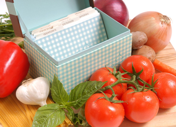 Recipe box with ingredients for spaghetti - Photo, Image