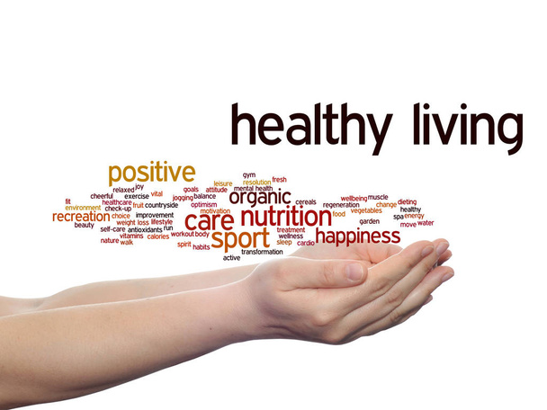 Έννοια ή εννοιολογική υγιή διαβίωση θετική διατροφή ή άθλημα αφηρημένη λέξη σύννεφο στο χέρι, απομονωμένες σε φόντο - Φωτογραφία, εικόνα