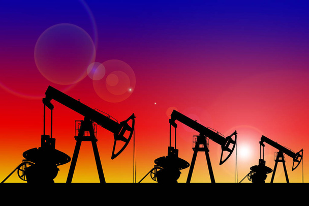 Σιλουέτα του τρεις αντλίες πετρελαίου στο ηλιοβασίλεμα. Στον τομέα του πετρελαίου στο ηλιοβασίλεμα. - Φωτογραφία, εικόνα