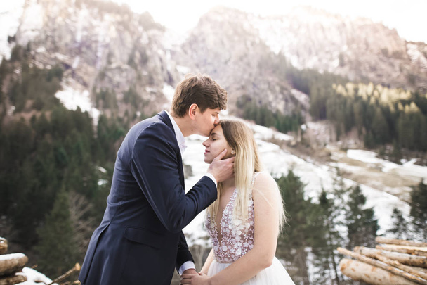 Kissing wedding couple staying over beautiful landscape - 写真・画像