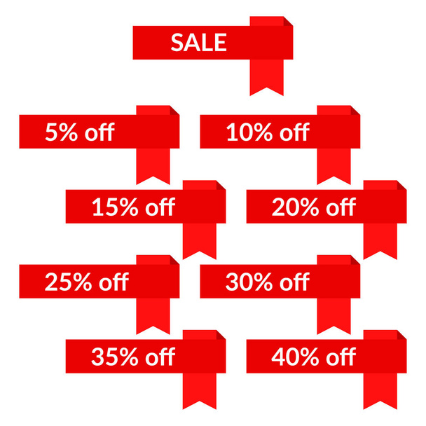 Set of red sale ribbons with different discount - Vector, imagen
