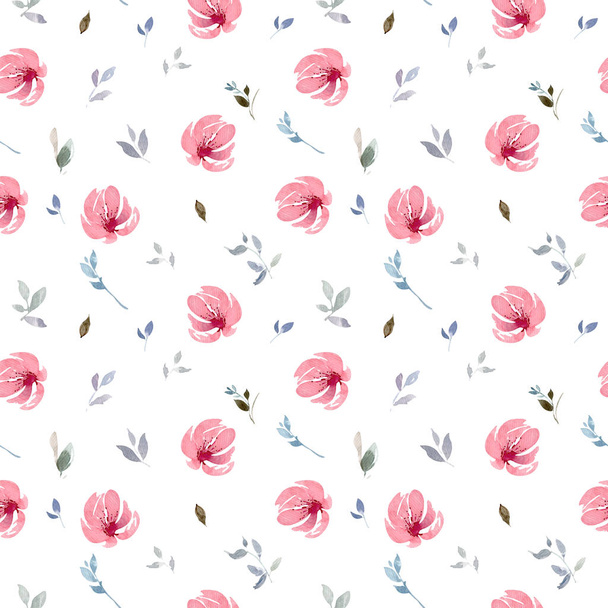 Seamless watercolor pink flower pattern with leaves. Isolated on a white background - 写真・画像