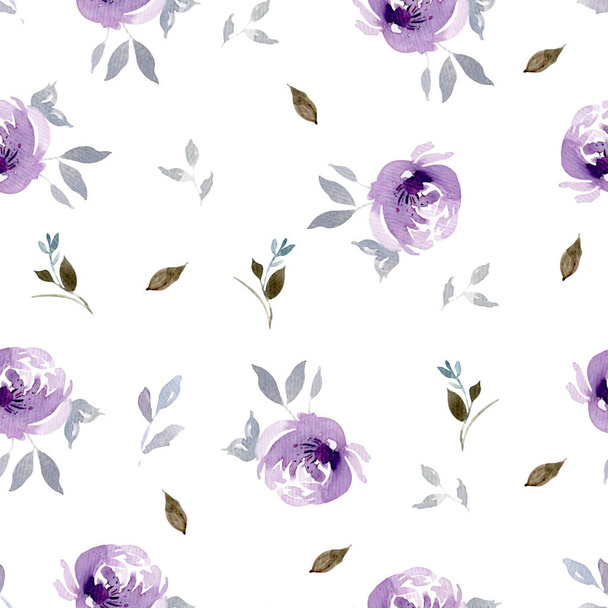 Seamless big watercolor purple flower pattern with leaves. Isolated on a white background - Photo, Image