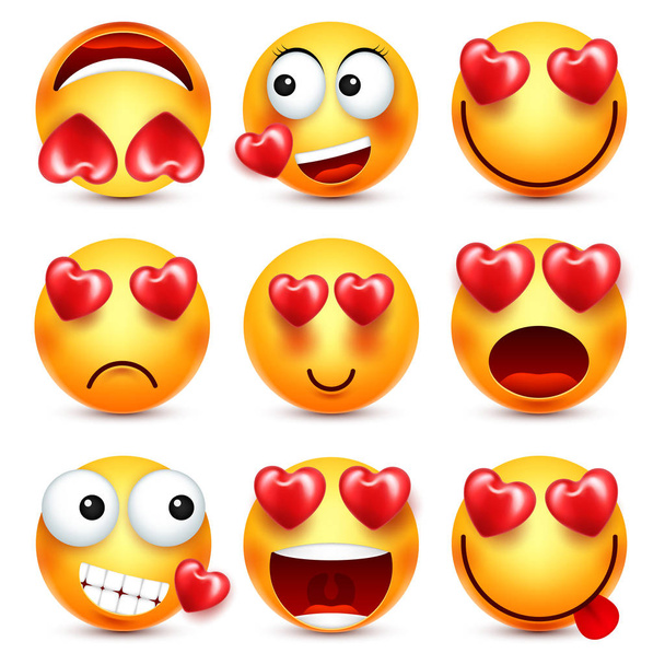 Emoji With Red Heart Vector Set. Valentines Day Yellow Cartoon Emoticons Face. Love Feeling Expression - Wektor, obraz
