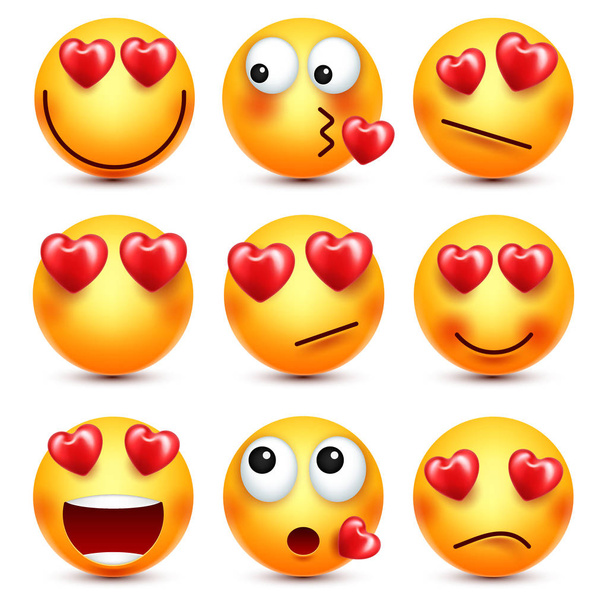 Την οργάνωση emoji με διανυσματικά κόκκινη καρδιά. Ημέρα του Αγίου Βαλεντίνου κίτρινο κινούμενα σχέδια Emoticons πρόσωπο. Έκφραση αγάπης συναίσθημα - Διάνυσμα, εικόνα