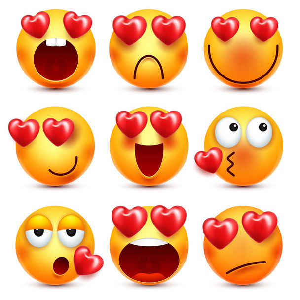 Conjunto de vectores Emoji con corazón rojo. Día de San Valentín Amarillo Caricatura Emoticonos Cara. Expresión de sentimiento de amor
 - Vector, imagen