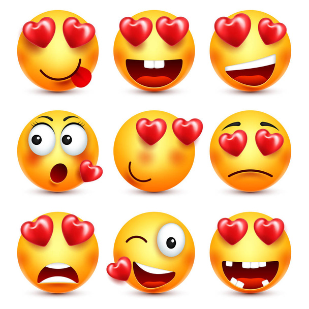 Emoji met rood hart Vector Set. Valentijnsdag gele Cartoon Emoticons gezicht. Liefde gevoel expressie. - Vector, afbeelding