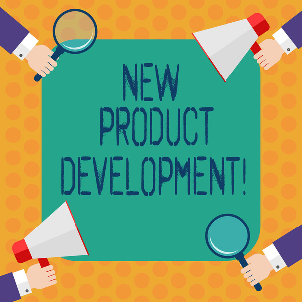 Megjegyzés: új termékek kifejlesztése a következő írás. Bemutatják a folyamatot egy új termék a piacon Hu elemzés kezében tartja nagyító és megafon, üzleti fotó. - Fotó, kép