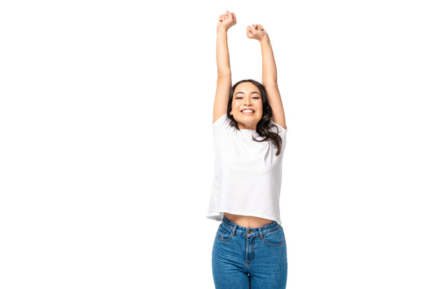 smiling asian young woman stading with outstretched hands isolated on white - Φωτογραφία, εικόνα