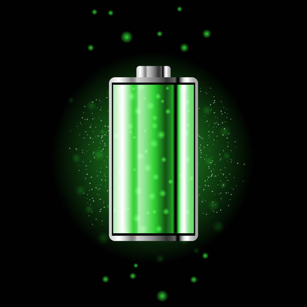 Battery charge status with lighting. Battery indicator levels. Full charge energy for mobile phone. Accumulator indicator icon of power level. Isolated on black background. - Vector, afbeelding
