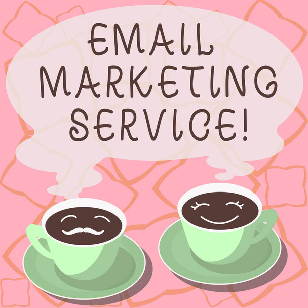 Conceptual hand writing showing Email Marketing Service. Business photo showcasing email sent to a potential or current customer Cup Saucer for His and Hers Coffee Face icon with Steam. - Photo, Image