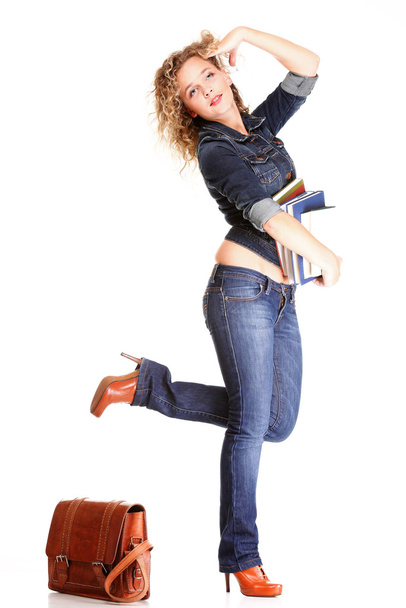 Beautiful young woman blonde standing full body in jeans isolate - Foto, afbeelding