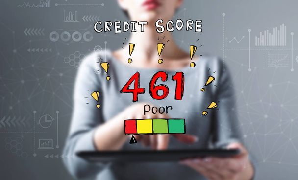 Poor credit score theme with woman using a tablet - Fotó, kép