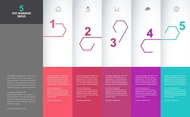 Six étapes de progression vectorielles hexagonales colorées illustration avec des icônes et place pour l'information de votre entreprise. Il peut être utilisé pour la présentation, la conception Web, les citations, l'enquête, la bannière, l'étude
. - Vecteur, image