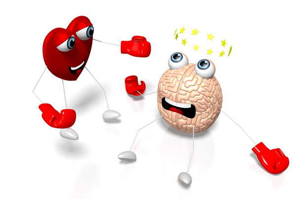 Personajes de dibujos animados 3D corazón y cerebro boxeo - concepto de emociones
 - Foto, Imagen