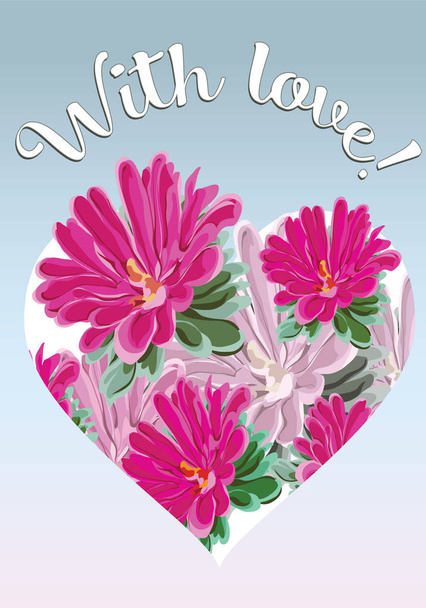 Kytice z růžové chryzantémy a srdce na pohlednici se slovy "s láskou" pro své milované na únor 14, vektorové - Vektor, obrázek