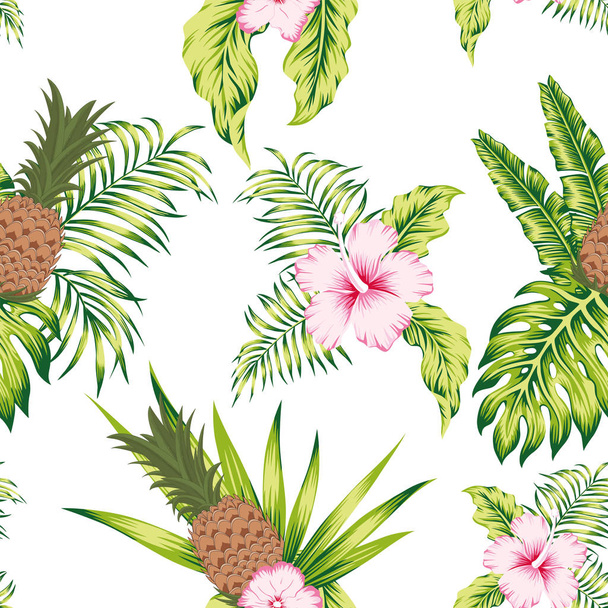 Modny tropikalny botaniczny bez szwu wektor wzór egzotyczny modny projekt hibiskus kwiaty, liście bananów i ananasem na białym tle - Wektor, obraz