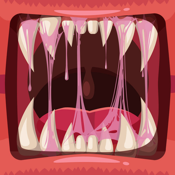 Predatory jaws of a fantastic horrible scary monster with slime , drooling, green mucus. Glue Jelly The substance is sticky, tension, elasticity. Cartoon style, vector, banner template, isolated. - Vector, Image
