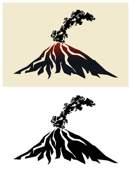Illustrazione stilizzata di un vulcano fumante con nuvole nere di fumo
 - Vettoriali, immagini
