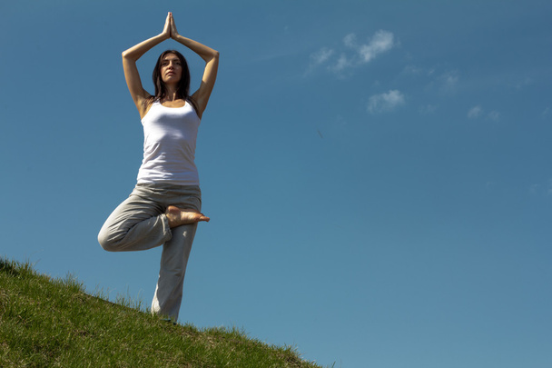Slender young woman doing yoga exercise. - Фото, изображение