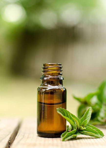 Olio essenziale di menta naturale in una bottiglia di vetro con foglie di menta fresca
 - Foto, immagini