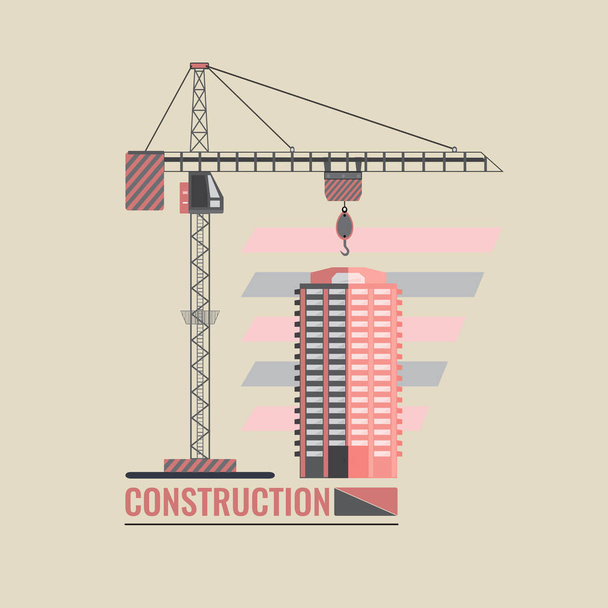 Stavební jeřáb a obytné budovy na abstraktní pozadí. Emblém je určen pro stavební firmy a korporace. Vektorové ilustrace šablony design - Vektor, obrázek
