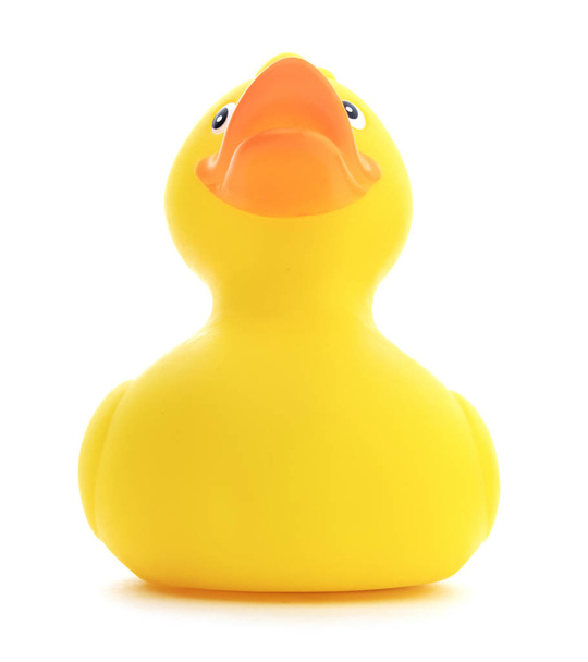 Front view of isolated cute yellow rubber ducky on a white background. - Photo, Image