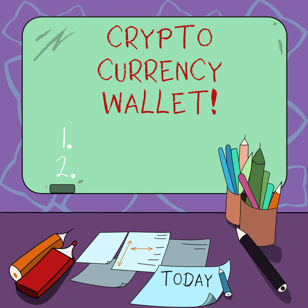 Szó szöveg írása Crypto pénznemével. Üzleti koncepció a digitális pénztárca, amely megenged használók-hoz analysisage bitcoin csatlakoztatott üres színes tábla, Kréta és írásban eszközök lap-asztal. - Fotó, kép